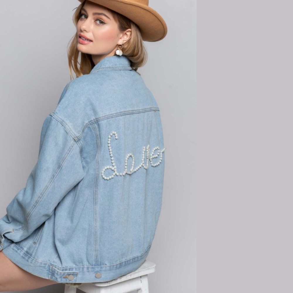Pearl Embellished LOVE denim jean blogger jacket - Picture 2 of 7